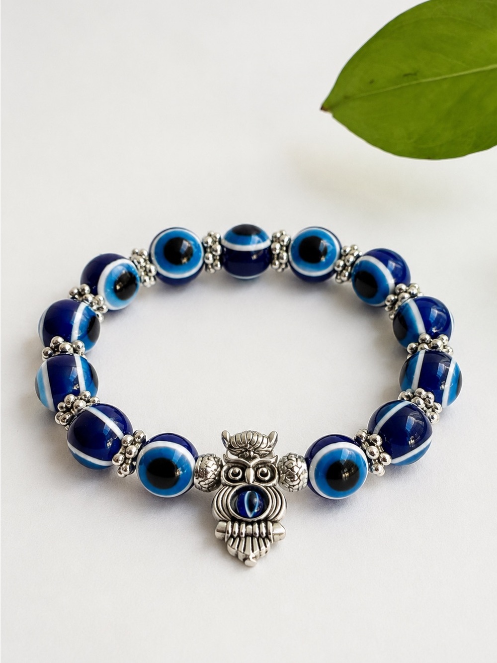 Navy Blue Evil Eye Bead Bracelet with Silver Owl Accent